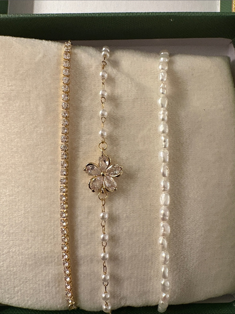 Gold Plated Natural pearls and Cz Flower 3 Bolo bracelets. From India.